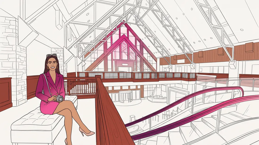 Line drawing of a woman on a bench in the River Rock atrium