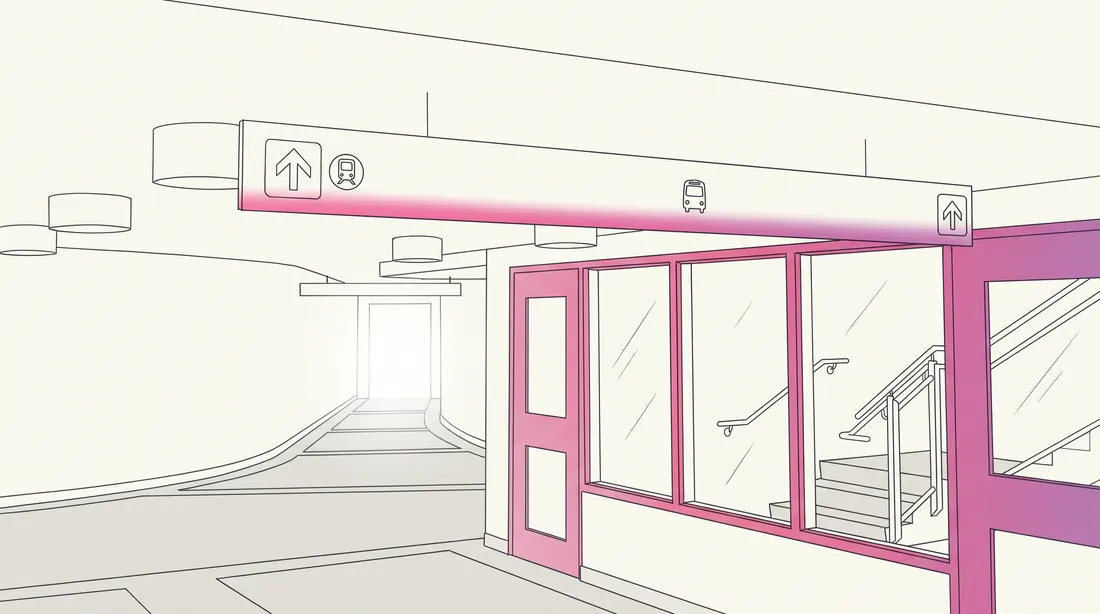 Line drawing of the passage from River Rock to SkyTrain and buses