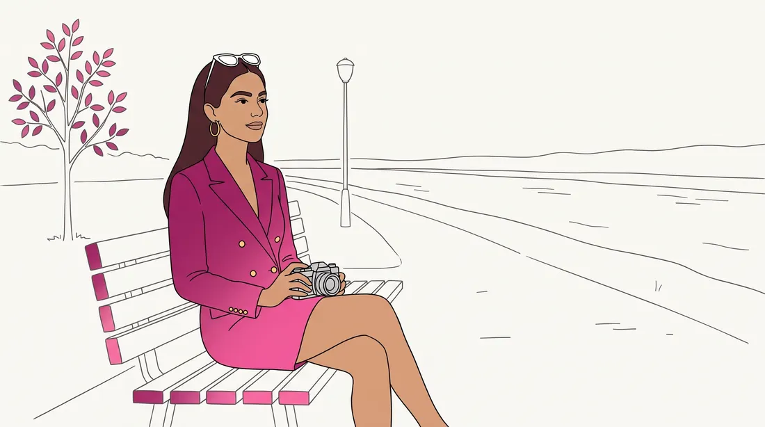 Line drawing of a woman resting on a riverside bench